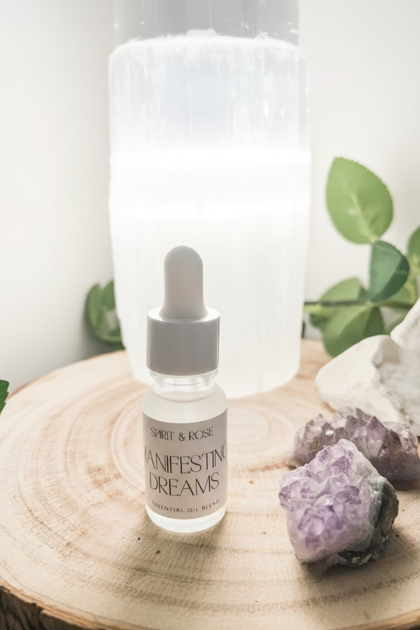 Bottle of 'Manifesting Dreams' with crystals and a crystal lamp on a wooden surface